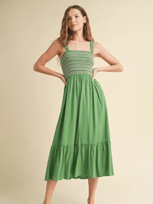 Green & Pink Smocked Top Midi Dress