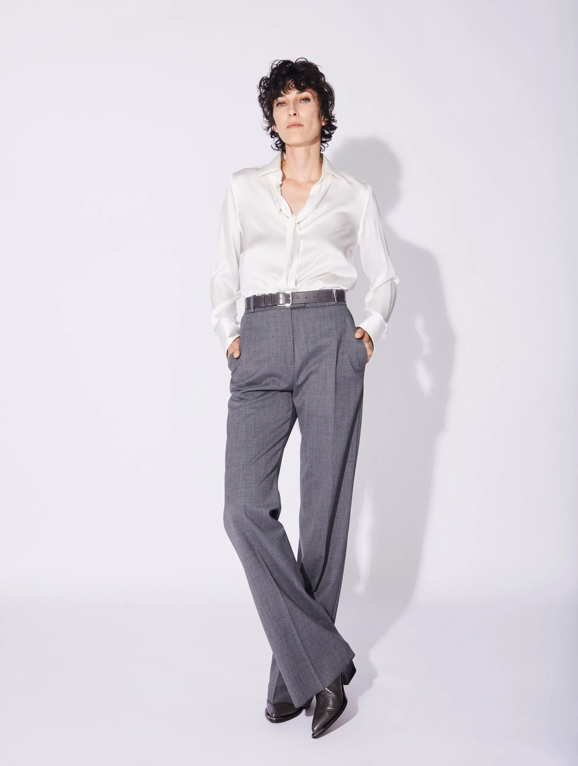 Grey gabardine wide-leg suit trousers