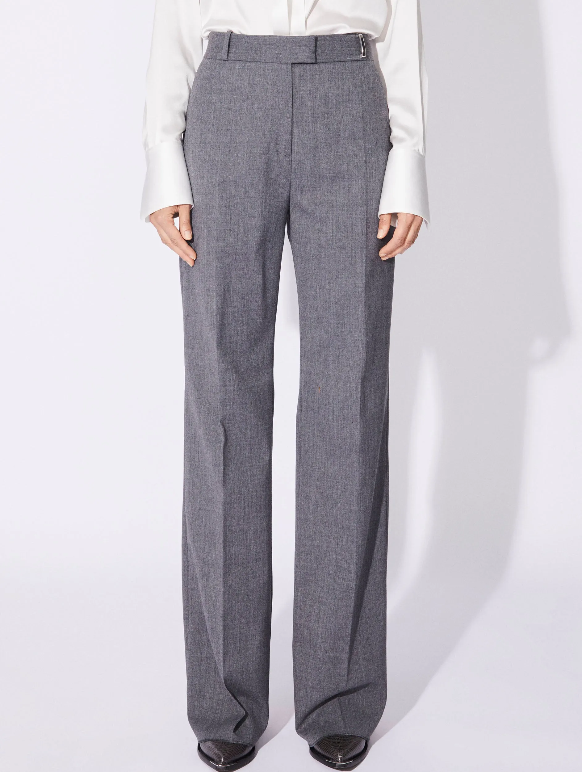 Grey gabardine wide-leg suit trousers