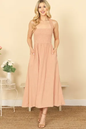 HALTER CROSS TIE BACK SMOCKED PLEATED WAIST SOLID DRESS