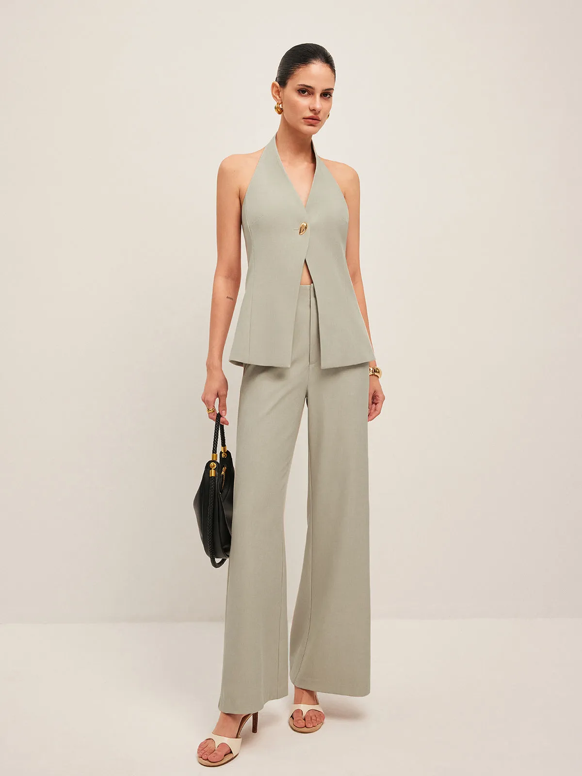 Halter Neck Metal Button Detail Backless Vest