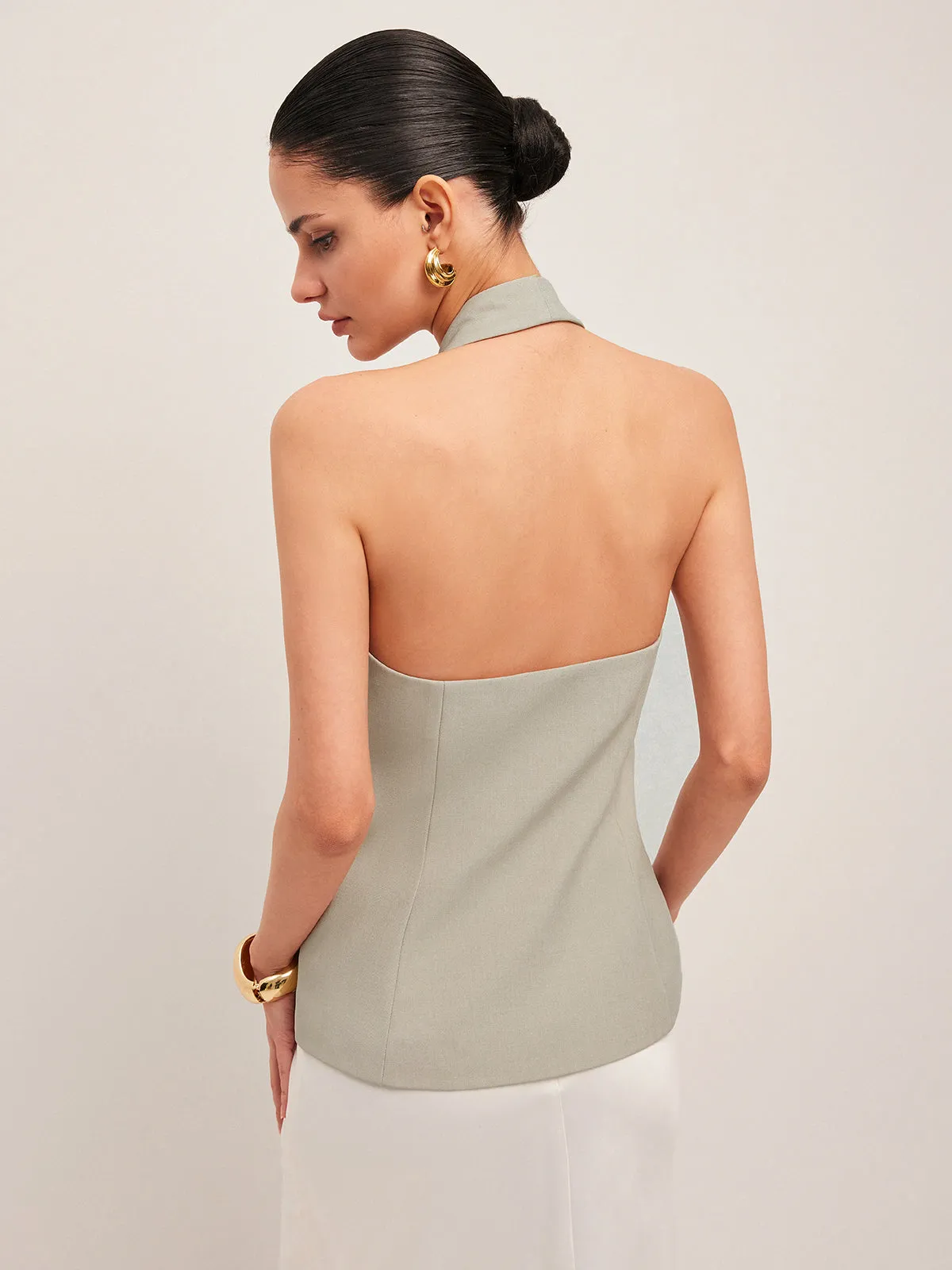 Halter Neck Metal Button Detail Backless Vest