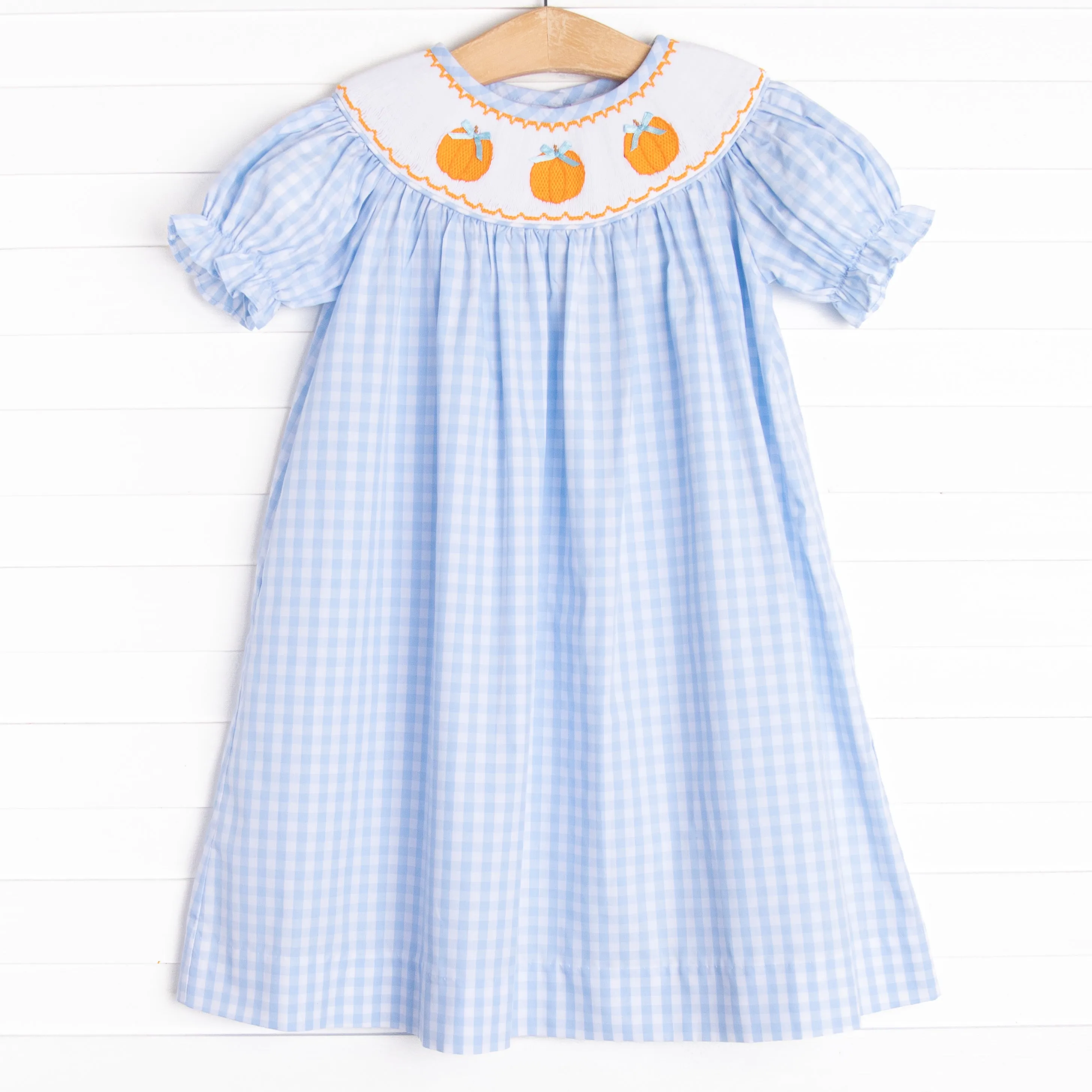 Happy Harvest Smocked Bishop Dress, Blue Check