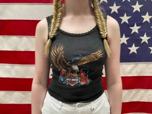 Harley Davidson Womens Vintage 1980s Black Rib Tank Top with Lace Trim by 3D Emblem