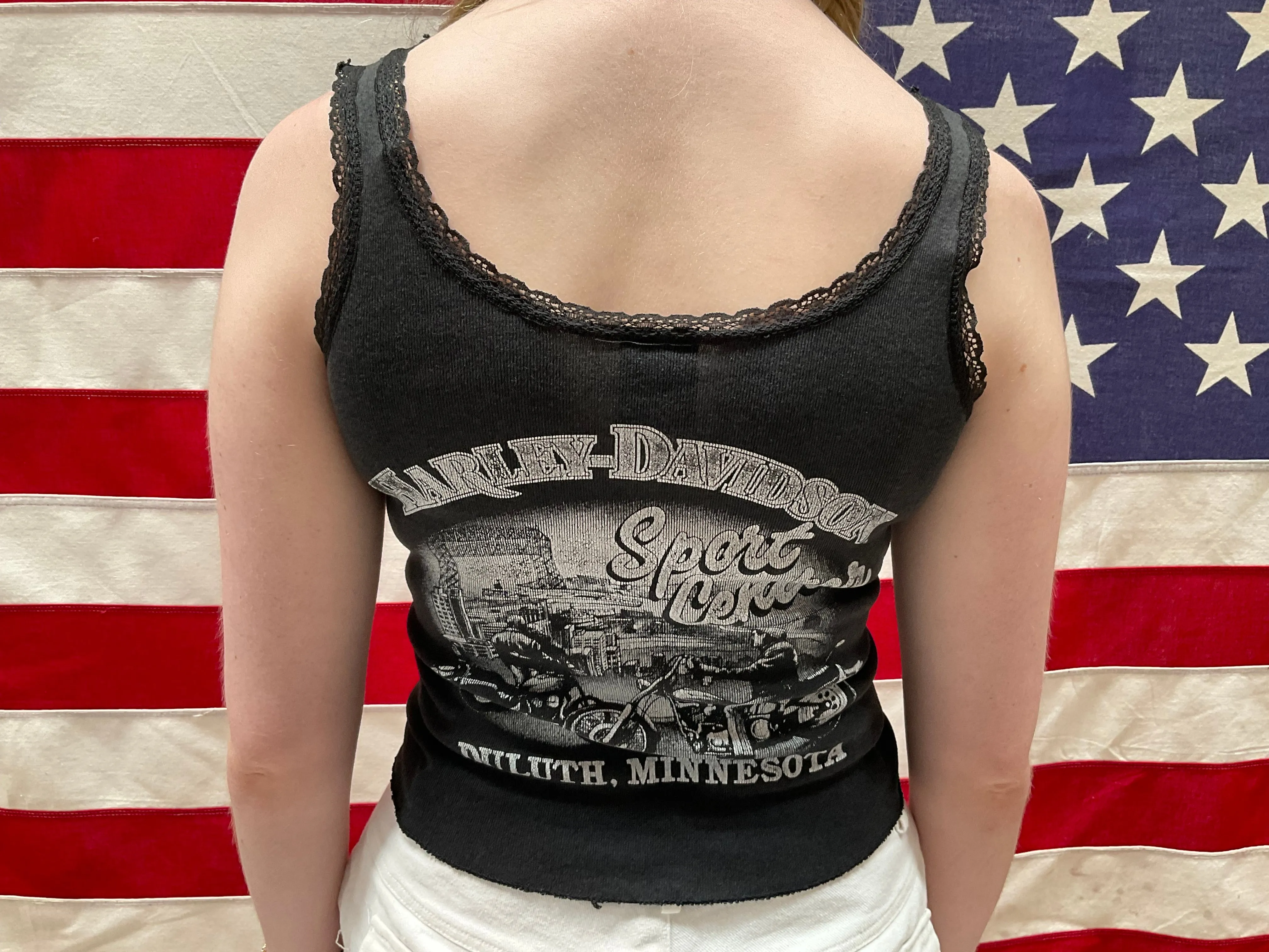 Harley Davidson Womens Vintage 1980s Black Rib Tank Top with Lace Trim by 3D Emblem