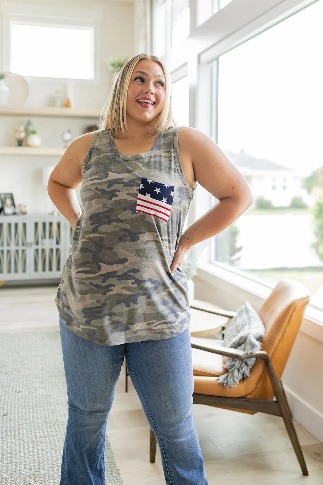 Hazel Blues® |  Camouflage Flag Pocket Tank