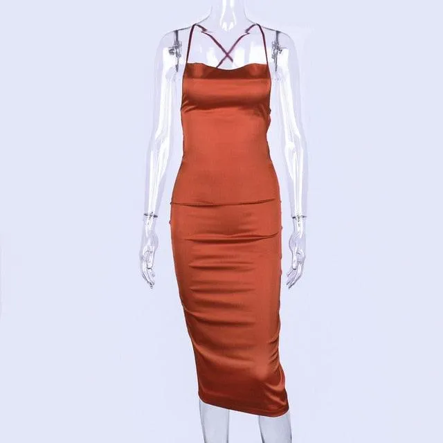 Hugcitar Satin Slip High Waist Neon Backless Sexy Bodycon Midi Dress