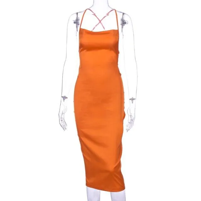 Hugcitar Satin Slip High Waist Neon Backless Sexy Bodycon Midi Dress
