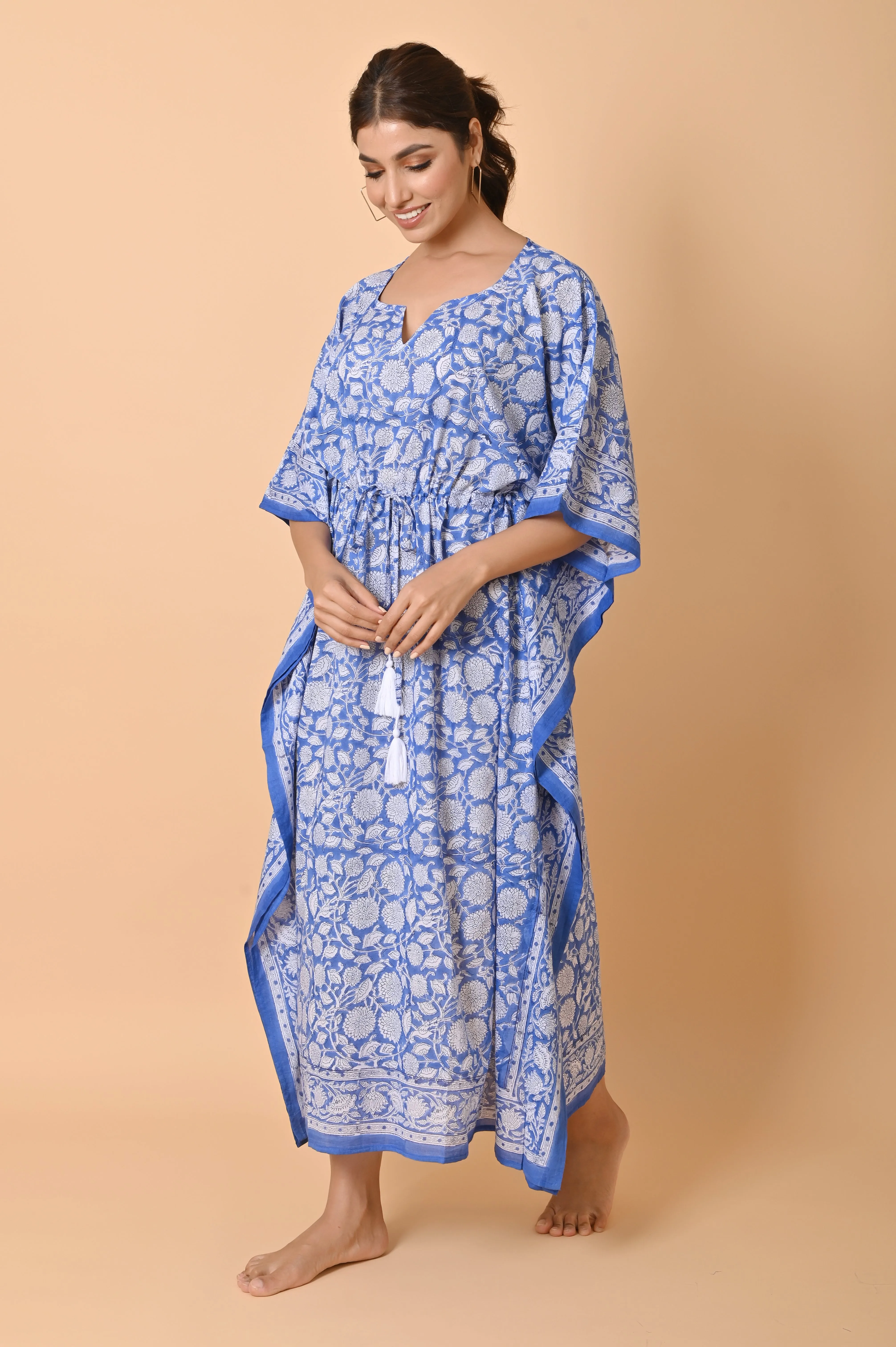 Indian Block Print Cotton Long Bohemian Kaftan Dress For Women