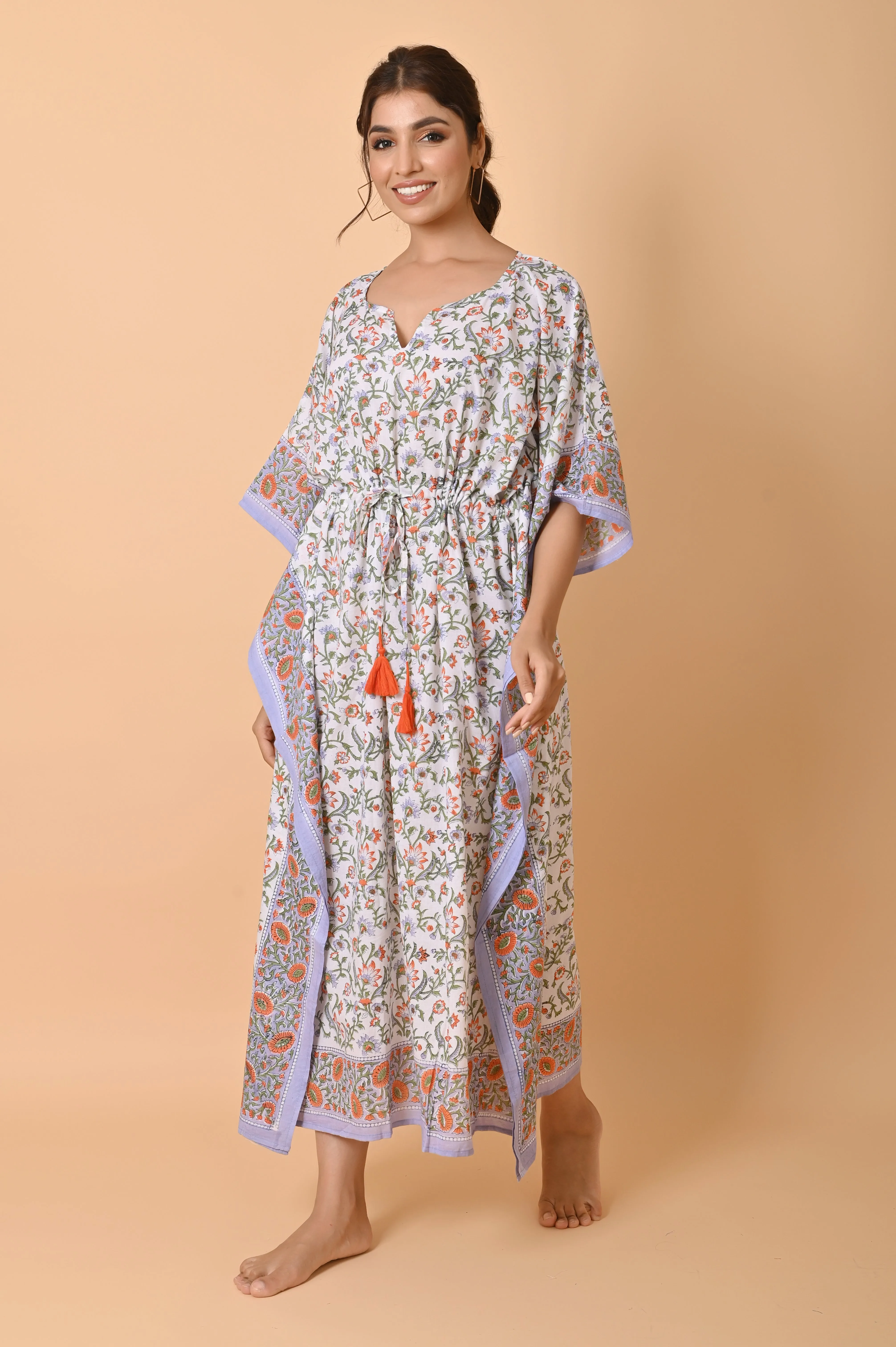 Indian Hand Block Print Cotton Long Bohemian Kaftan Dress