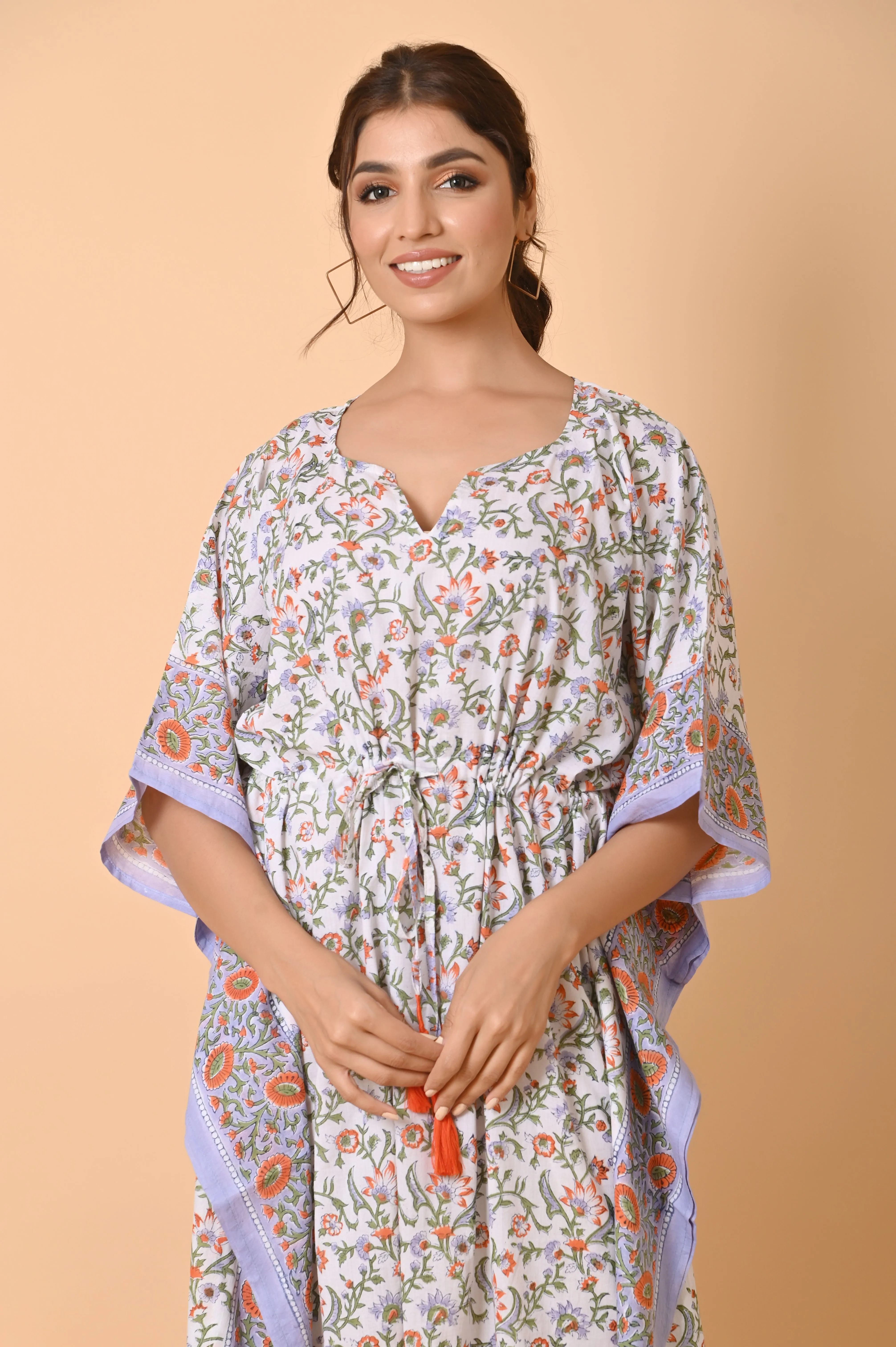 Indian Hand Block Print Cotton Long Bohemian Kaftan Dress
