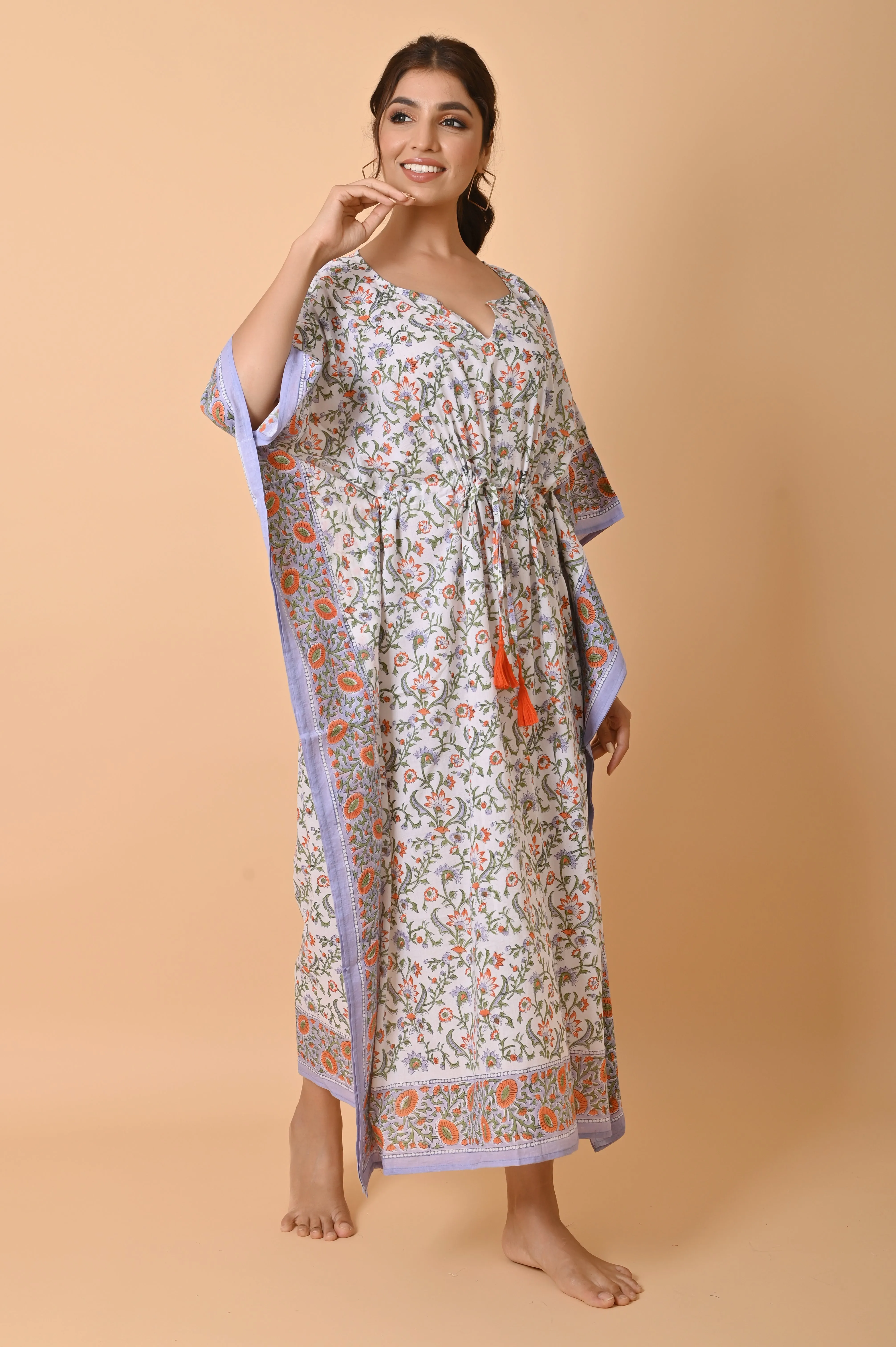 Indian Hand Block Print Cotton Long Bohemian Kaftan Dress