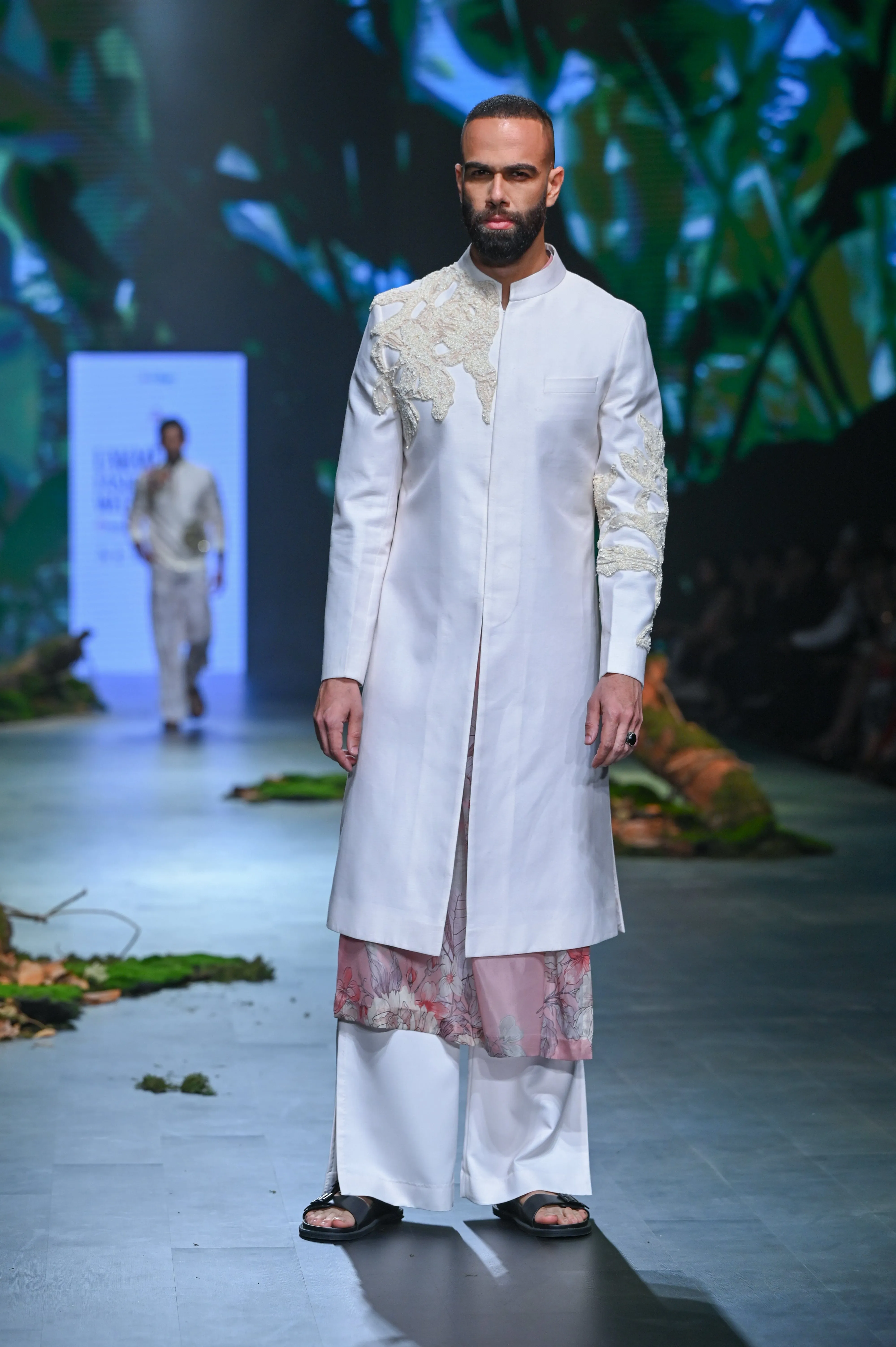 Ivory & Pink Printed And Embroidered Sherwani Set