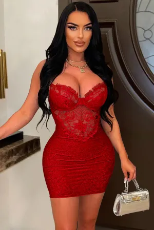 Jacquard Lace Patchwork Shimmering Bodycon Slip Mini Dresses-Red