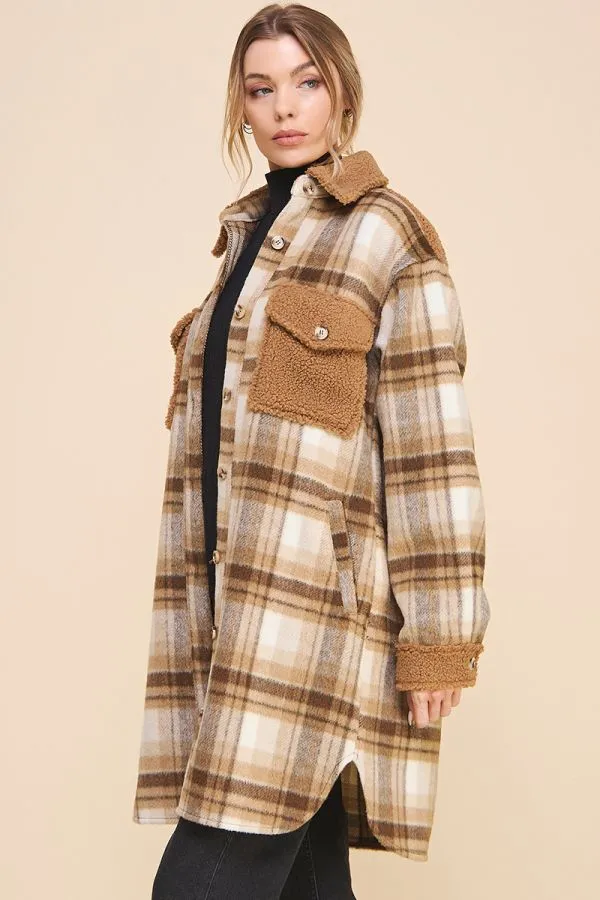 Jordyn Long Flannel Plaid Shirt Jacket - Navy Cream/Brown Cream