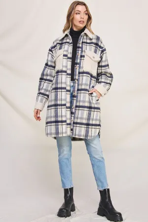 Jordyn Long Flannel Plaid Shirt Jacket - Navy Cream/Brown Cream