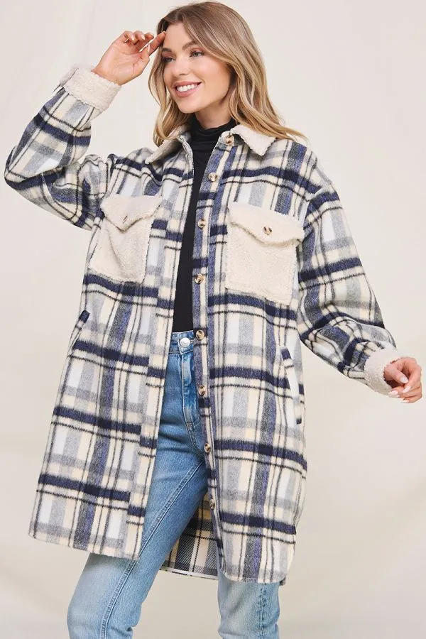 Jordyn Long Flannel Plaid Shirt Jacket - Navy Cream/Brown Cream