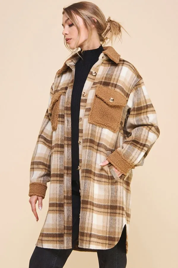 Jordyn Long Flannel Plaid Shirt Jacket - Navy Cream/Brown Cream