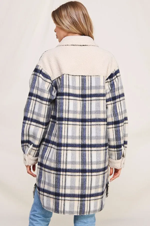 Jordyn Long Flannel Plaid Shirt Jacket - Navy Cream/Brown Cream