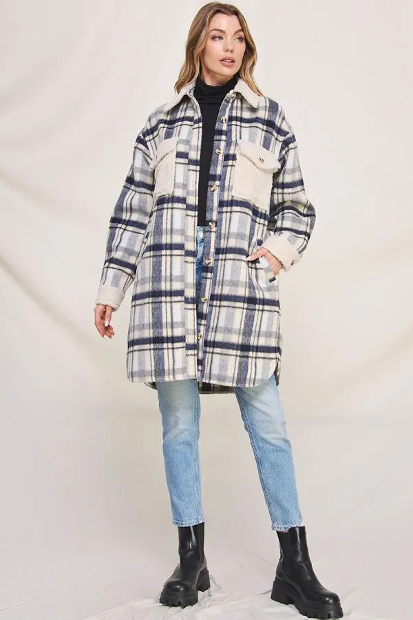 Jordyn Long Flannel Plaid Shirt Jacket - Navy Cream/Brown Cream