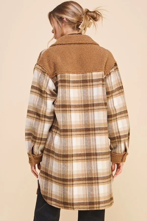 Jordyn Long Flannel Plaid Shirt Jacket - Navy Cream/Brown Cream