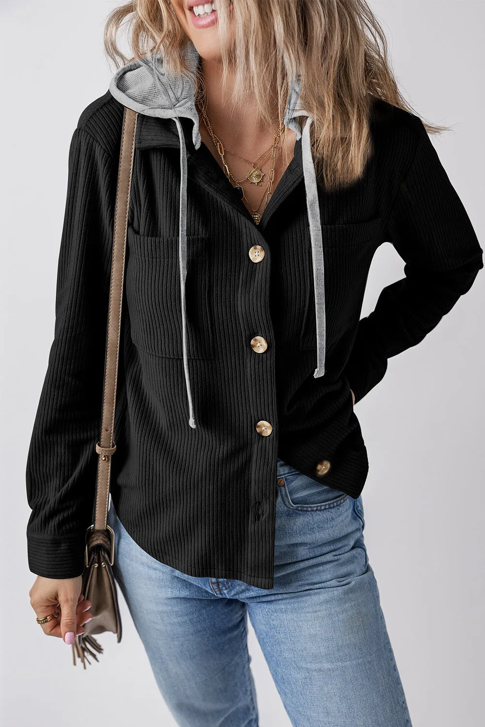 KaleaBoutique Black Hooded Drawstring Pockets Corduroy Shacket