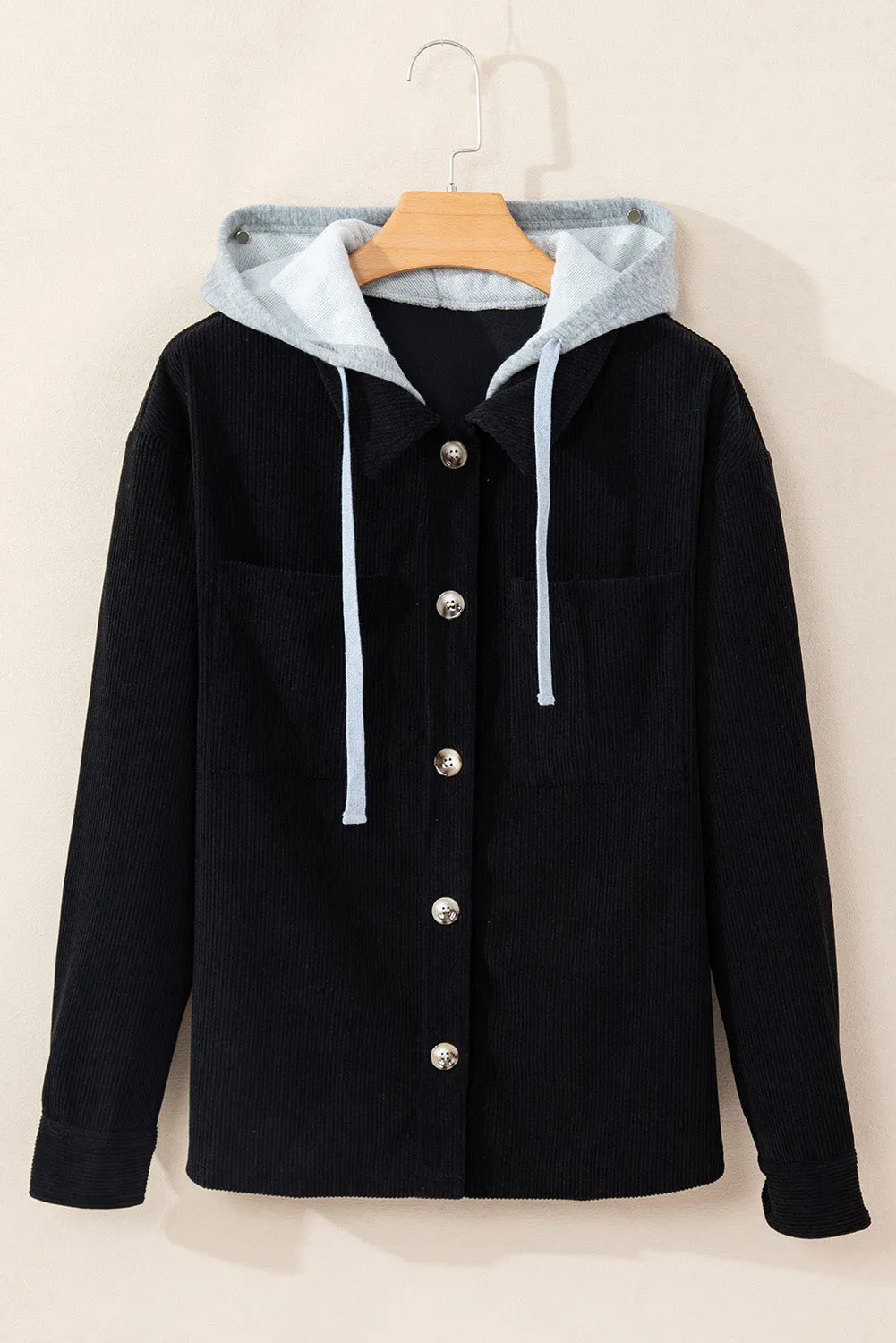 KaleaBoutique Black Hooded Drawstring Pockets Corduroy Shacket