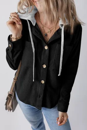 KaleaBoutique Black Hooded Drawstring Pockets Corduroy Shacket