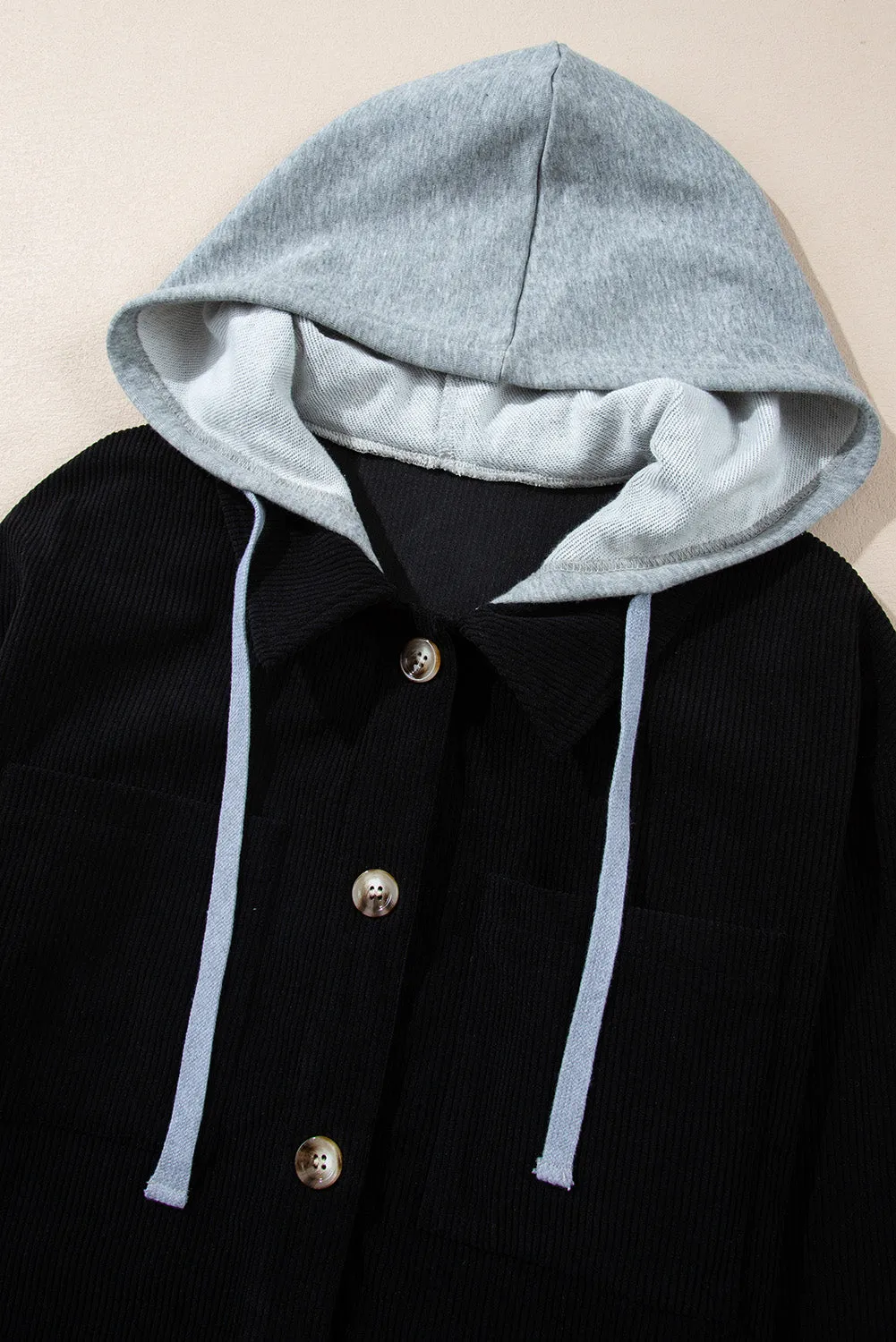 KaleaBoutique Black Hooded Drawstring Pockets Corduroy Shacket
