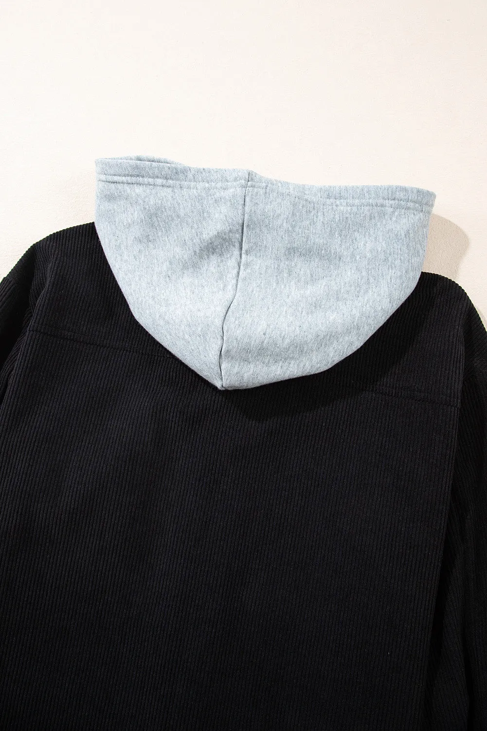 KaleaBoutique Black Hooded Drawstring Pockets Corduroy Shacket