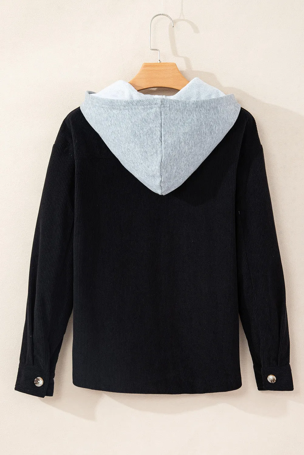 KaleaBoutique Black Hooded Drawstring Pockets Corduroy Shacket