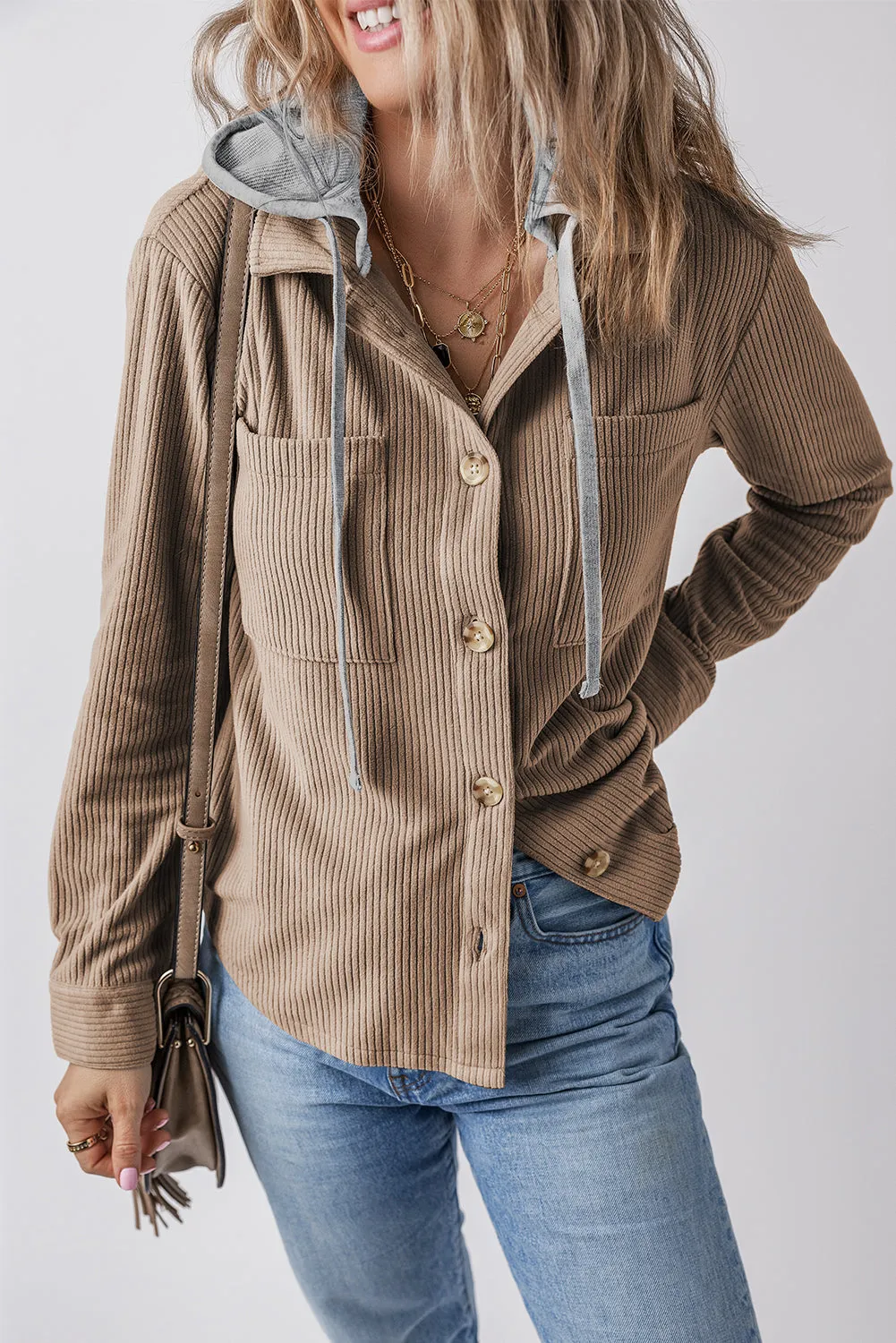 KaleaBoutique Hooded Drawstring Pockets Corduroy Shacket