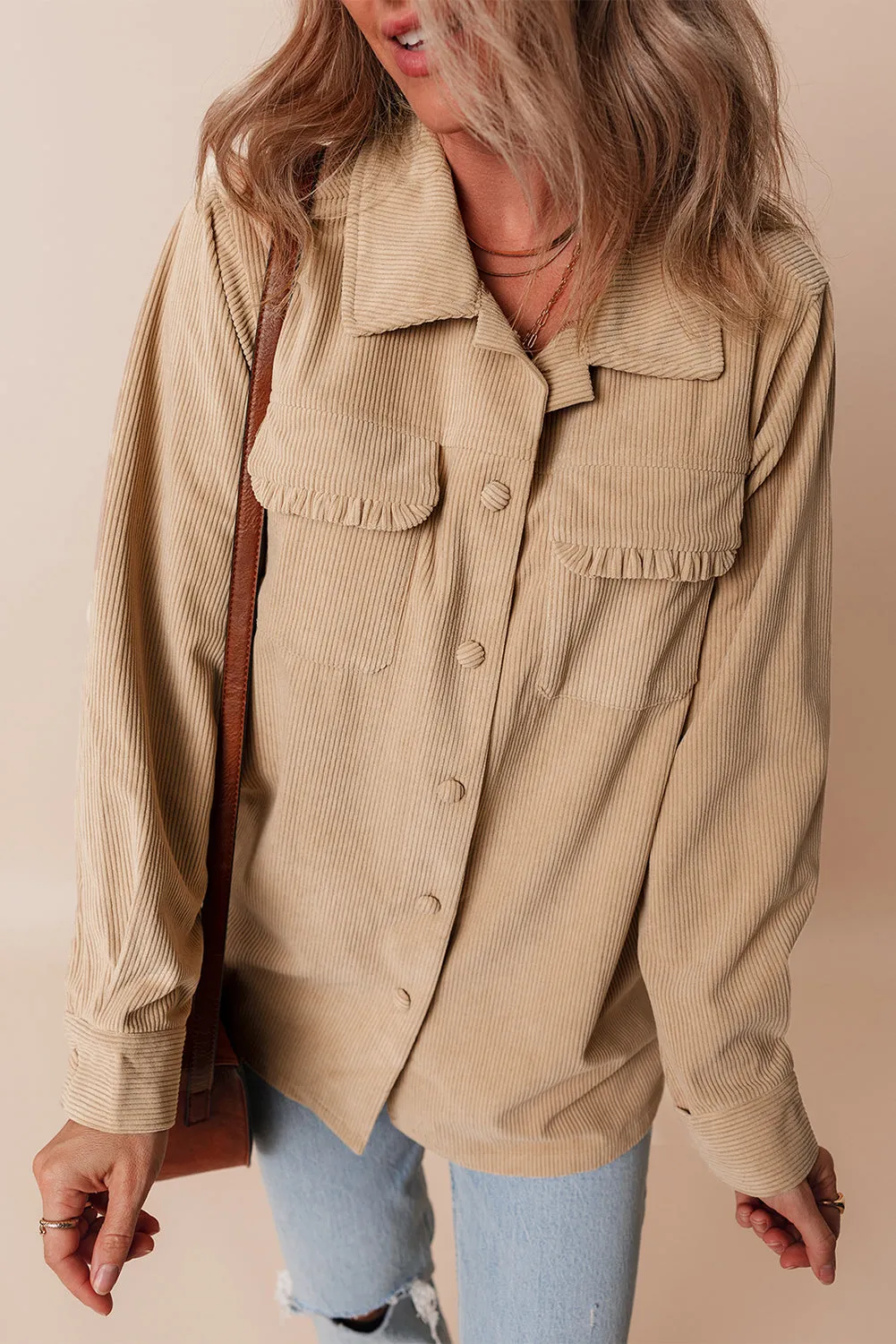 KaleaBoutique Solid Frilled Flap Pocket Button Up Corduroy Shacket