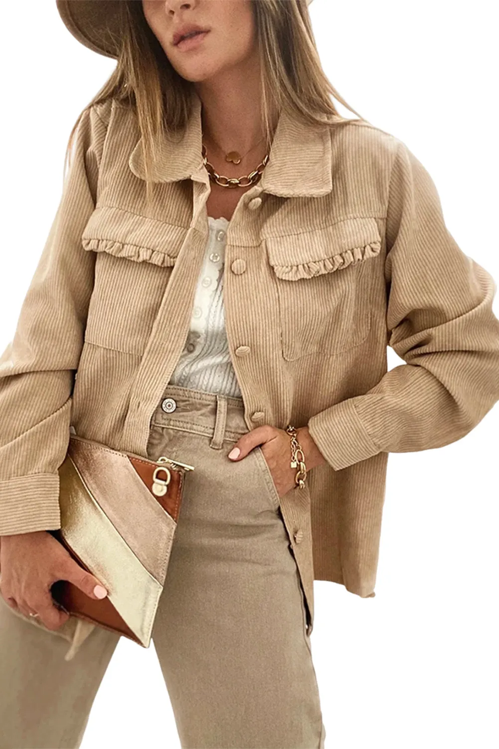 KaleaBoutique Solid Frilled Flap Pocket Button Up Corduroy Shacket