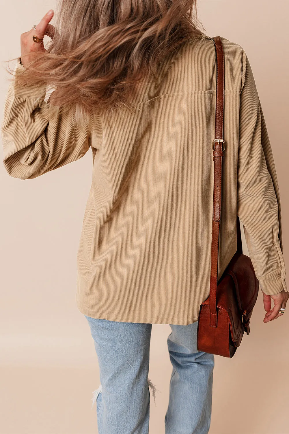 KaleaBoutique Solid Frilled Flap Pocket Button Up Corduroy Shacket
