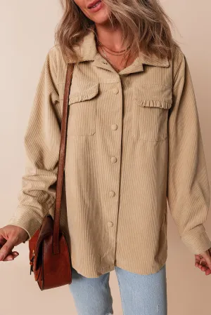 KaleaBoutique Solid Frilled Flap Pocket Button Up Corduroy Shacket