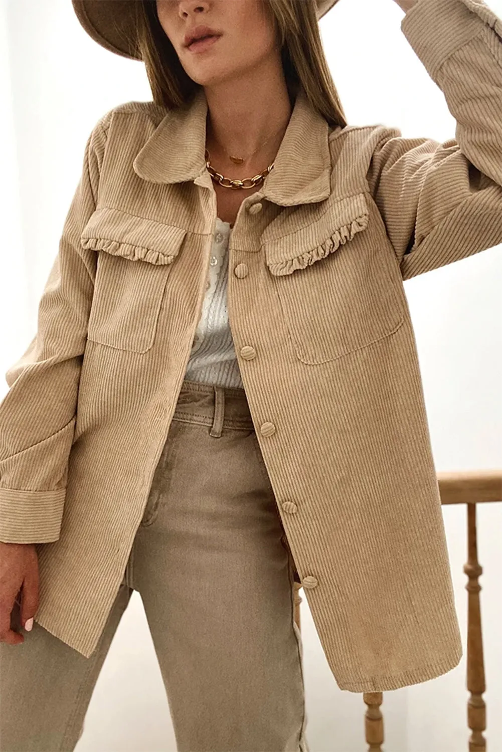 KaleaBoutique Solid Frilled Flap Pocket Button Up Corduroy Shacket