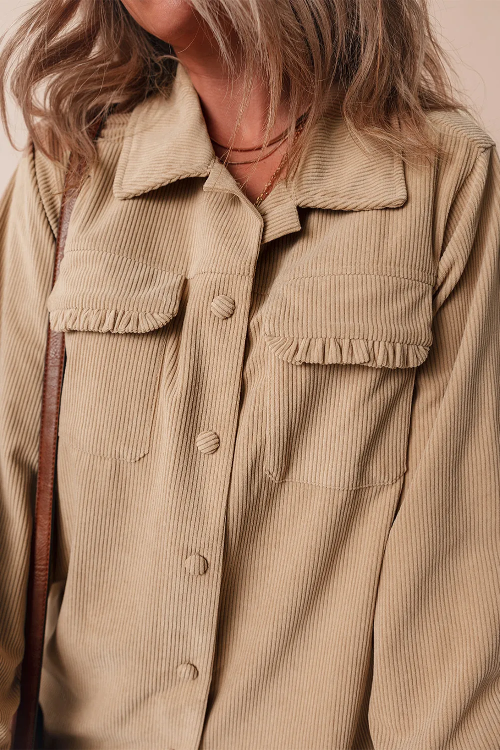 KaleaBoutique Solid Frilled Flap Pocket Button Up Corduroy Shacket