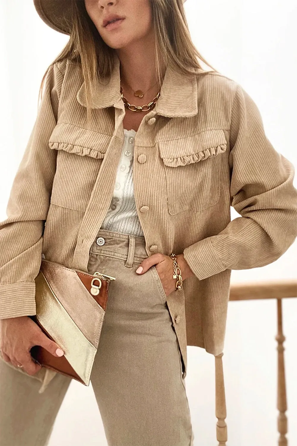 KaleaBoutique Solid Frilled Flap Pocket Button Up Corduroy Shacket