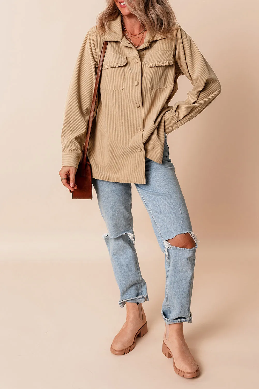 KaleaBoutique Solid Frilled Flap Pocket Button Up Corduroy Shacket