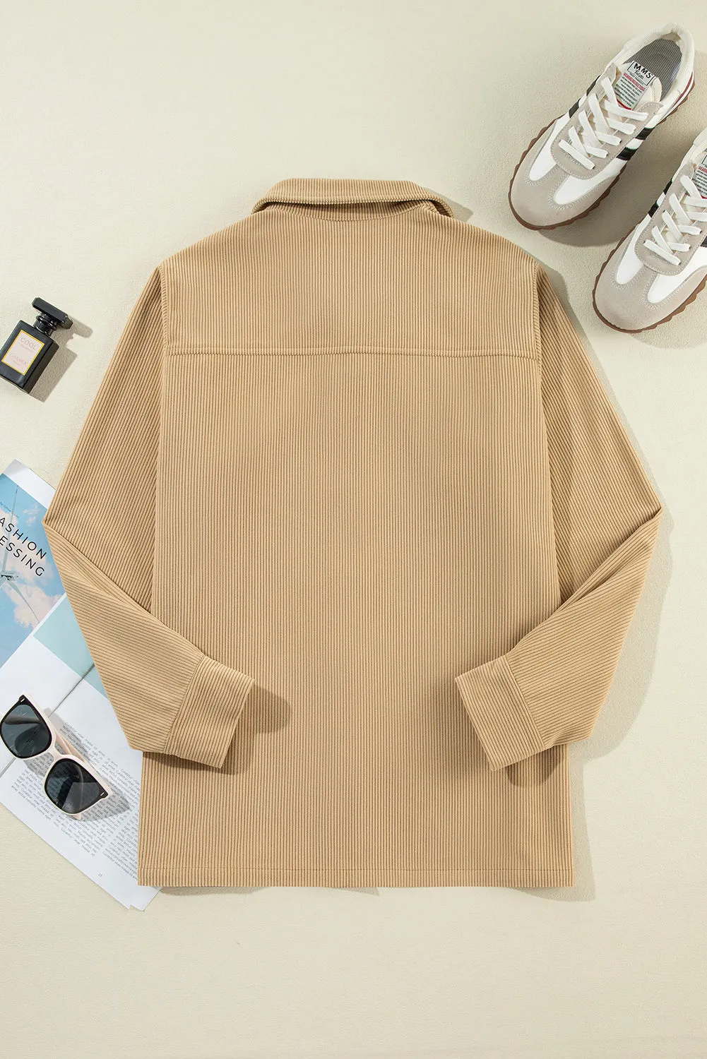 KaleaBoutique Solid Frilled Flap Pocket Button Up Corduroy Shacket