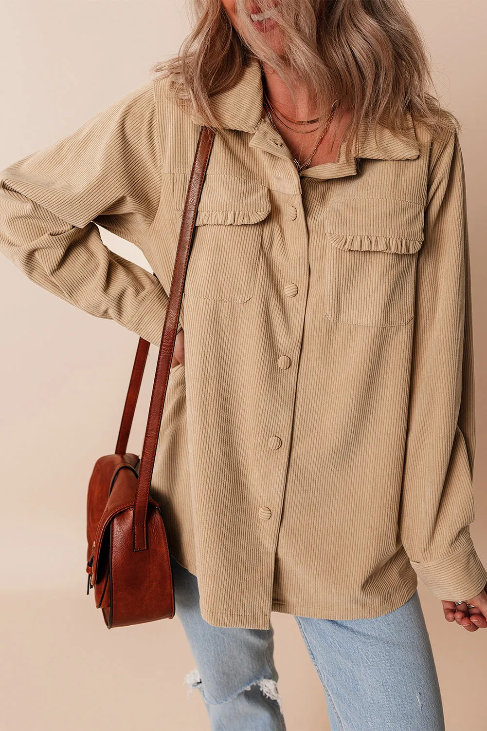 KaleaBoutique Solid Frilled Flap Pocket Button Up Corduroy Shacket