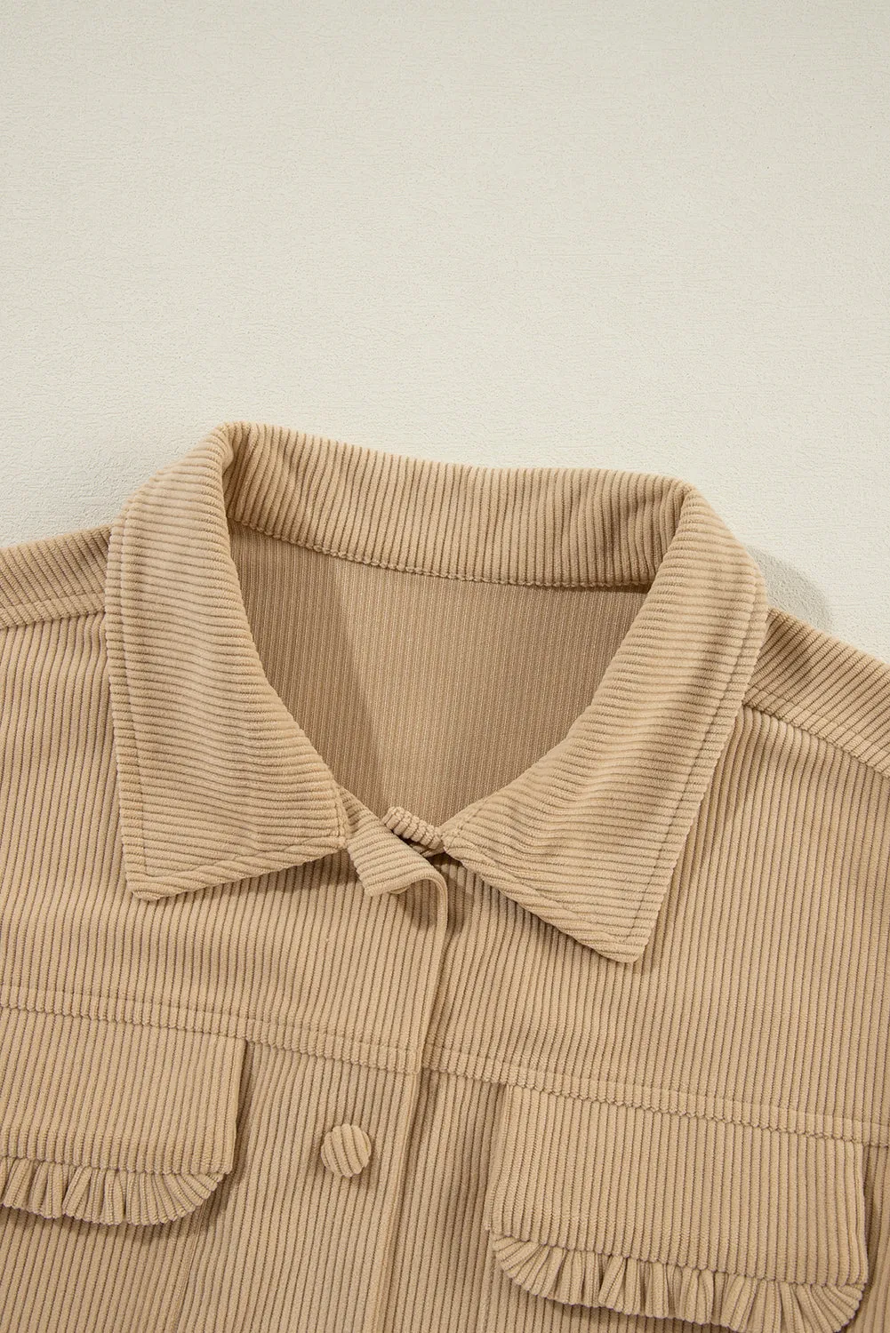 KaleaBoutique Solid Frilled Flap Pocket Button Up Corduroy Shacket