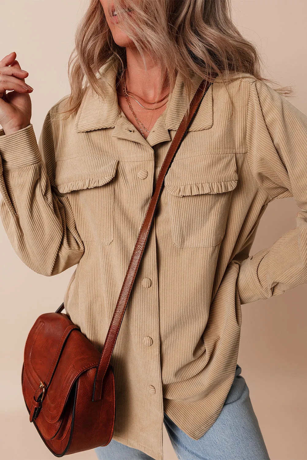 KaleaBoutique Solid Frilled Flap Pocket Button Up Corduroy Shacket