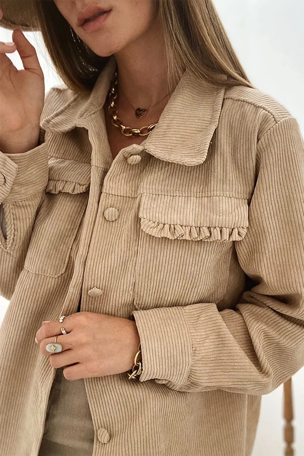 KaleaBoutique Solid Frilled Flap Pocket Button Up Corduroy Shacket