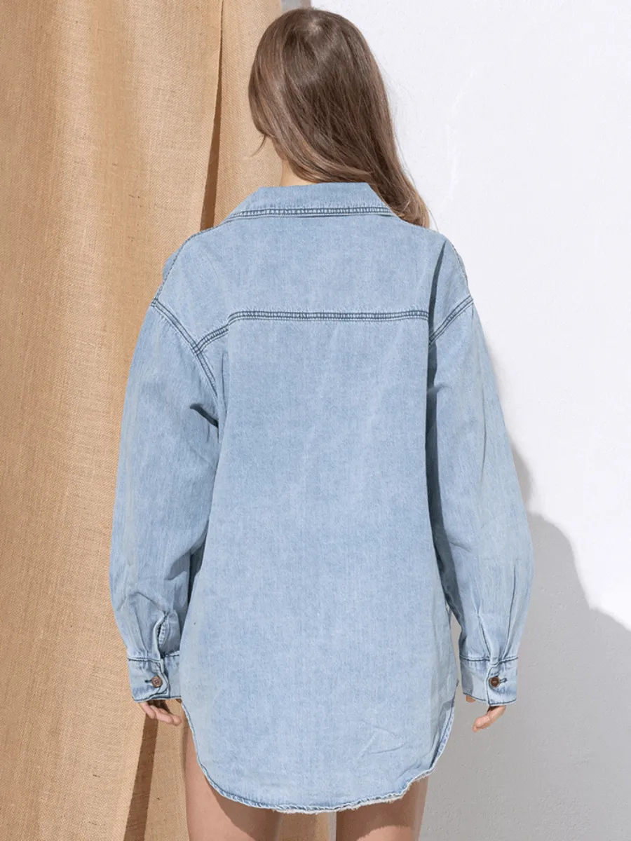 Keep On Shine Tassel Embellished Denim Shacket - Blue