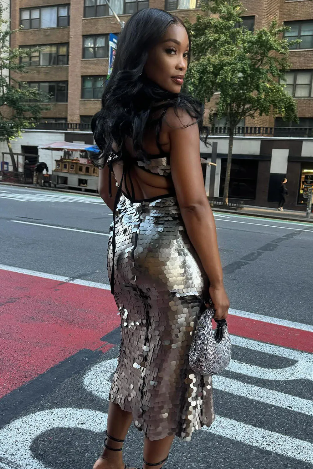 Keyhole Neck Disco Sequin Rave Party Midi Slip Dresses-Silver [Pre Order]