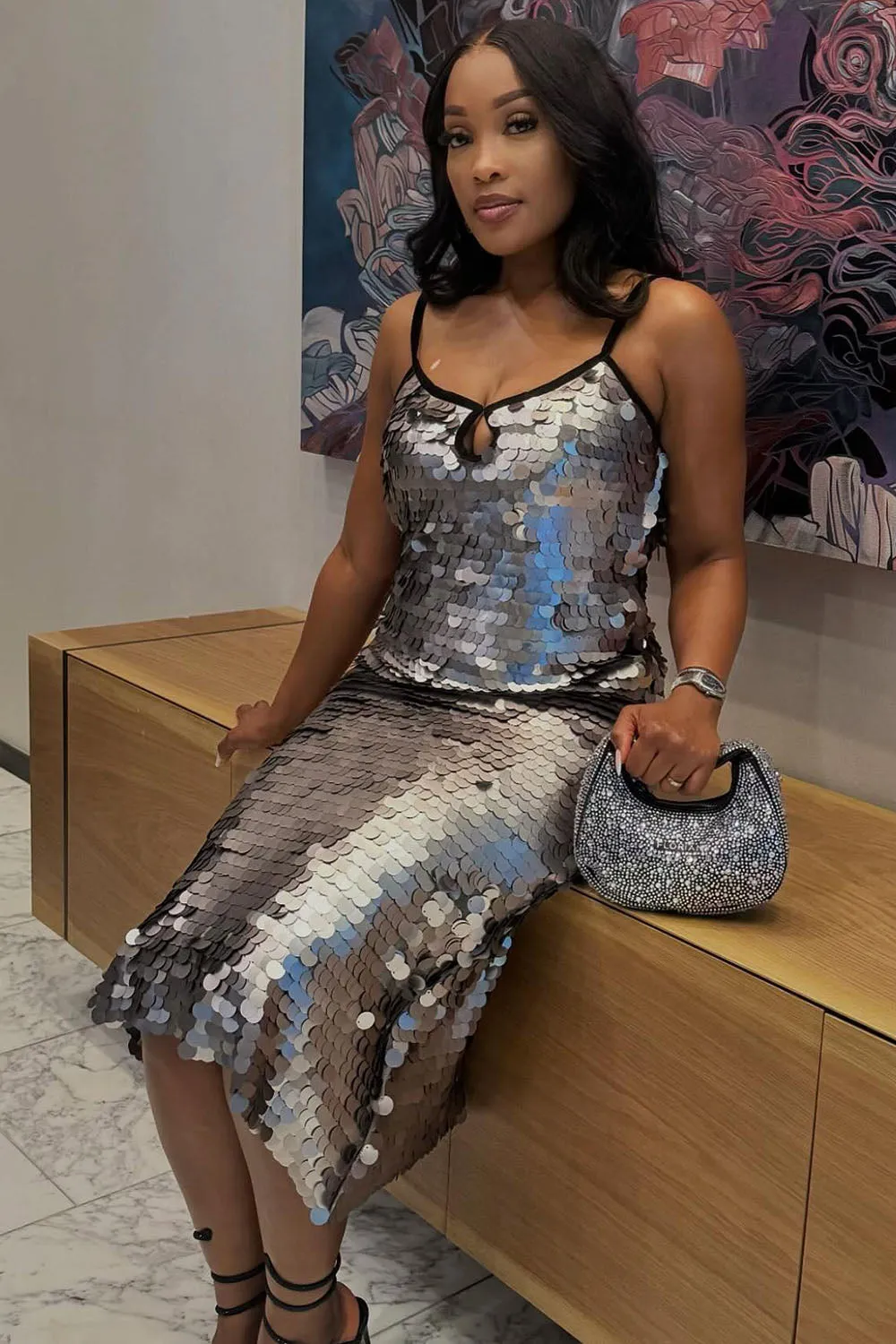 Keyhole Neck Disco Sequin Rave Party Midi Slip Dresses-Silver [Pre Order]