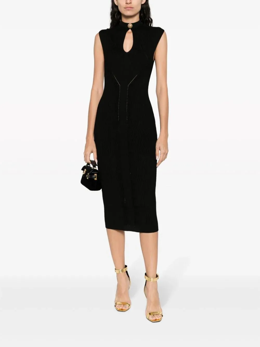 Keyhole-Neck Ribbed Knitted Midi Dress