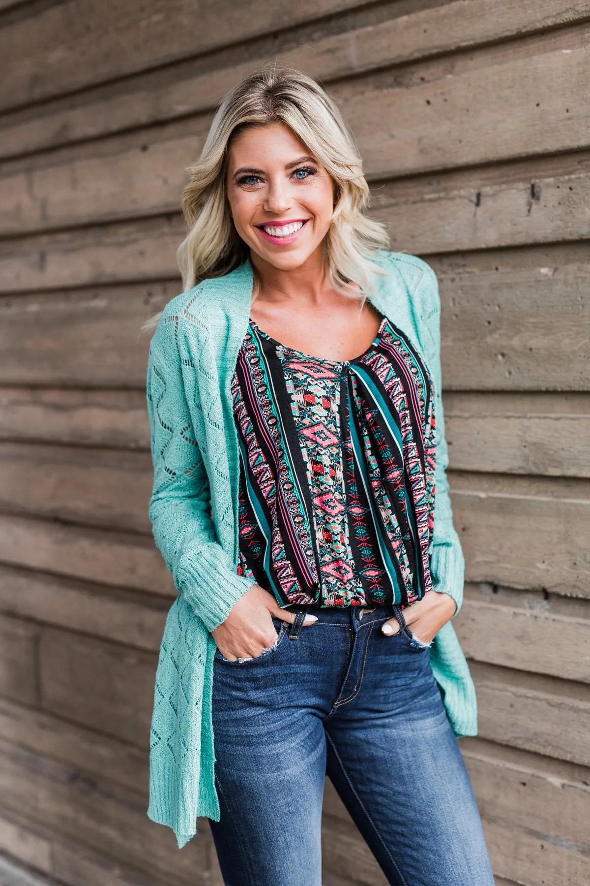 Knit Pointelle Cardigan - Teal